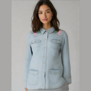 EU Denim & Co Vintage Floral Embroidered Denim Jean Jacket